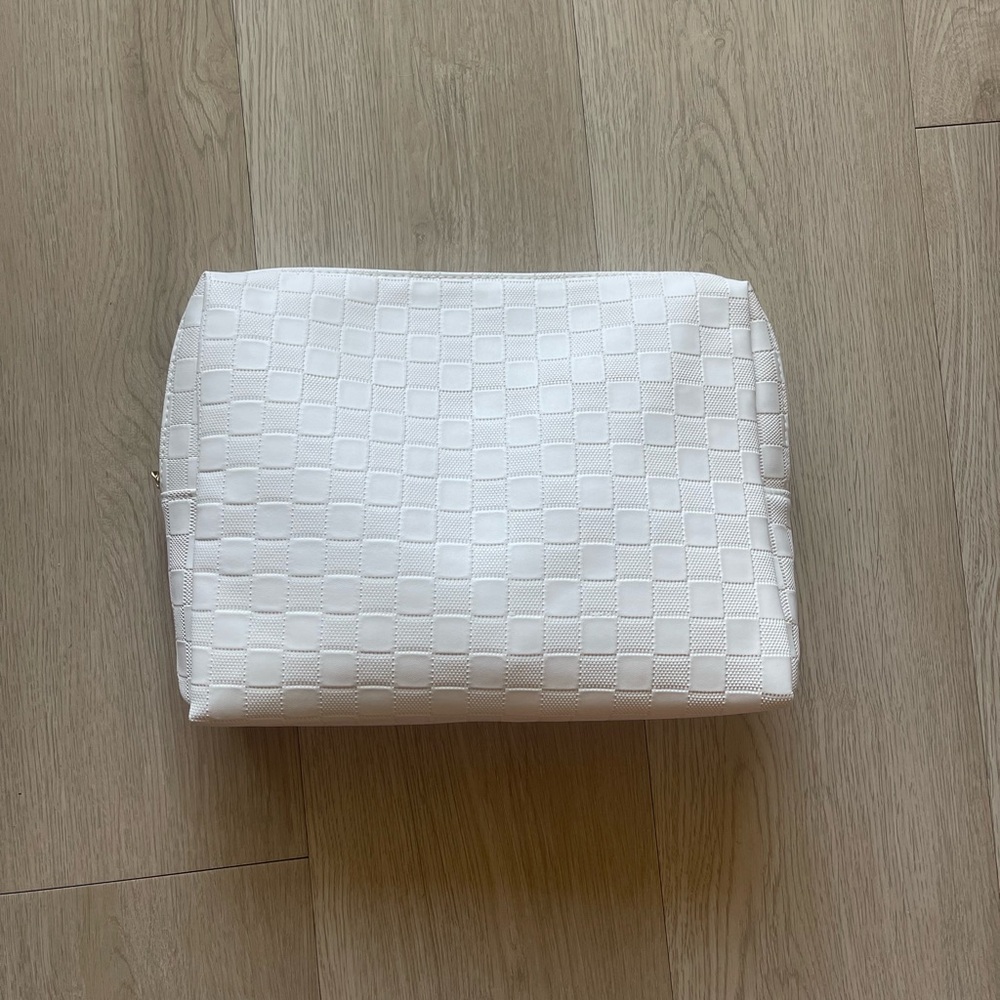 Checkered Leather Large Cosmetic Makeup Bag